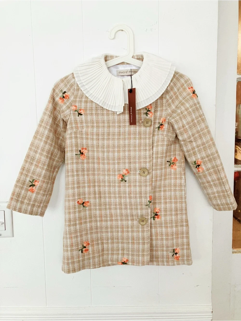 Girls Plaid Coat with Pleated Collar and Floral Embroidery